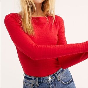 We the Free Top XS Womens Eyelet Boat Neck Tried and True True Textured Tee Red